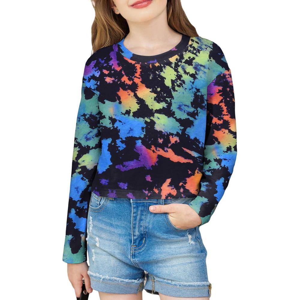 imageArshiner Girls Crop Tops Long Sleeve Shirts Drop Shoulder Crewneck Casual Fashion T Shirts TeeTie Dye Multicolor