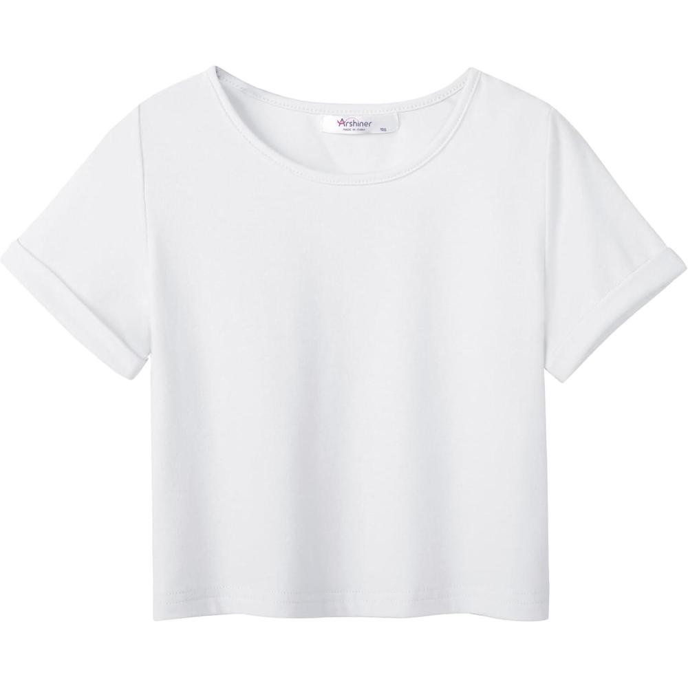 imageArshiner Girls Crop Tops Short Sleeve Tie Dye Summer T Shirt Crewneck Rolled Cuffs Fashion Shirts Tee01white