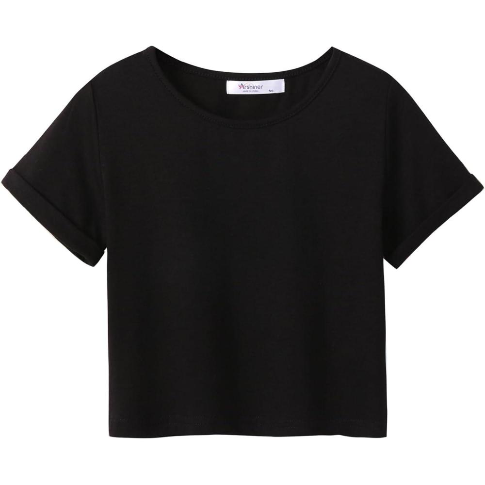 imageArshiner Girls Crop Tops Short Sleeve Tie Dye Summer T Shirt Crewneck Rolled Cuffs Fashion Shirts TeeBlack