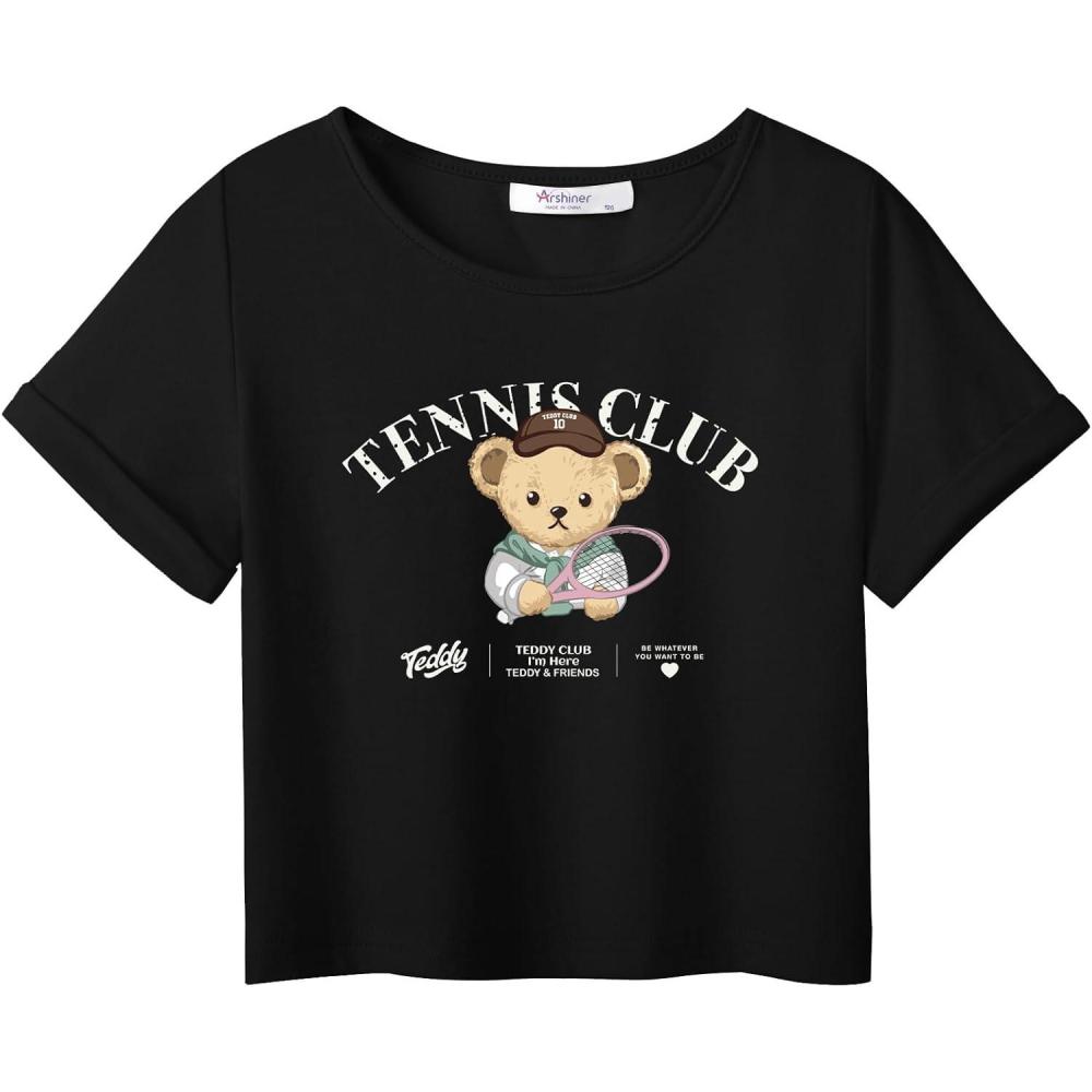 imageArshiner Girls Crop Tops Short Sleeve Tie Dye Summer T Shirt Crewneck Rolled Cuffs Fashion Shirts TeeBlackgraphic