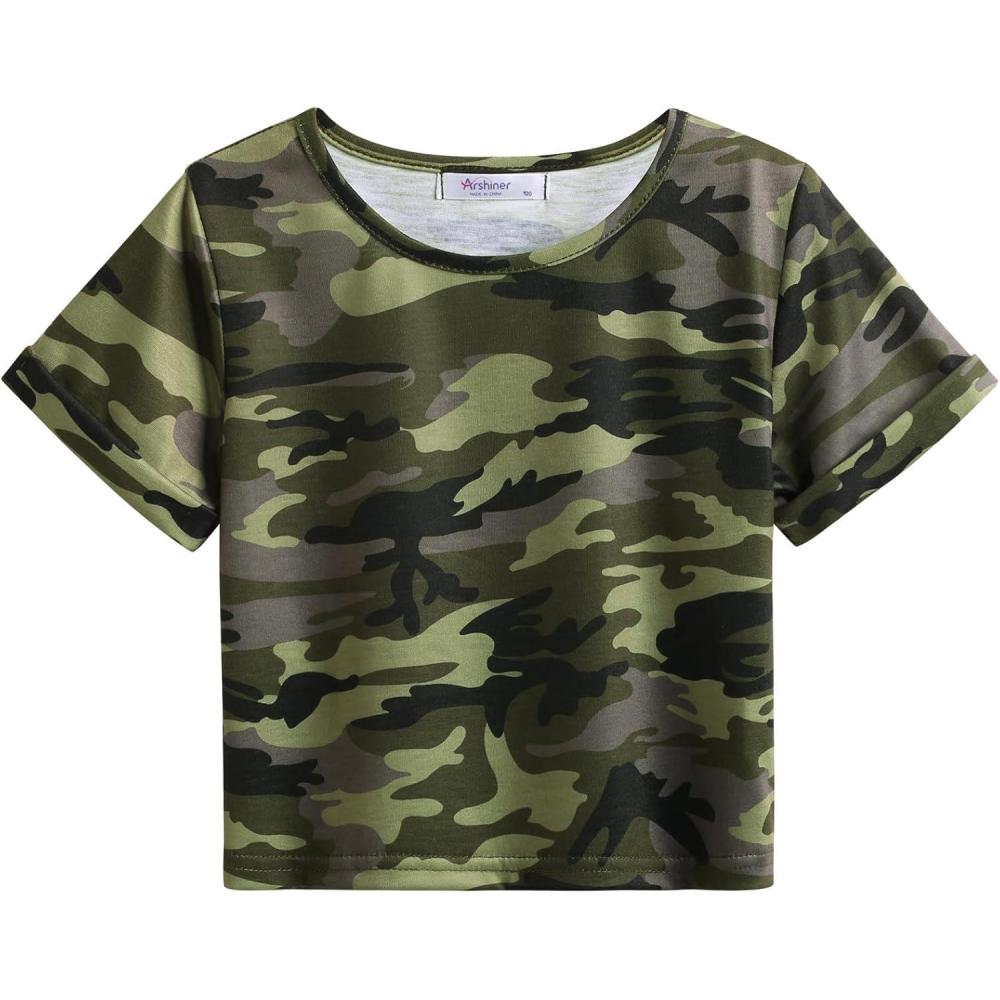 imageArshiner Girls Crop Tops Short Sleeve Tie Dye Summer T Shirt Crewneck Rolled Cuffs Fashion Shirts TeeCamo