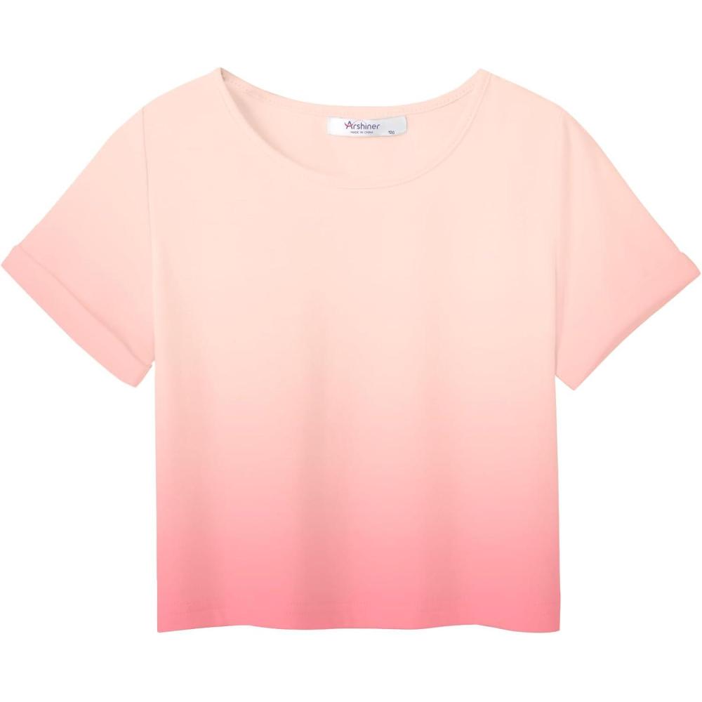 imageArshiner Girls Crop Tops Short Sleeve Tie Dye Summer T Shirt Crewneck Rolled Cuffs Fashion Shirts TeeGradient Pink
