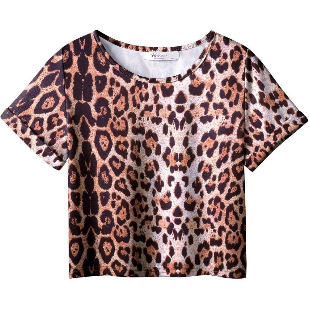 imageArshiner Girls Crop Tops Short Sleeve Tie Dye Summer T Shirt Crewneck Rolled Cuffs Fashion Shirts TeeLeopard Print