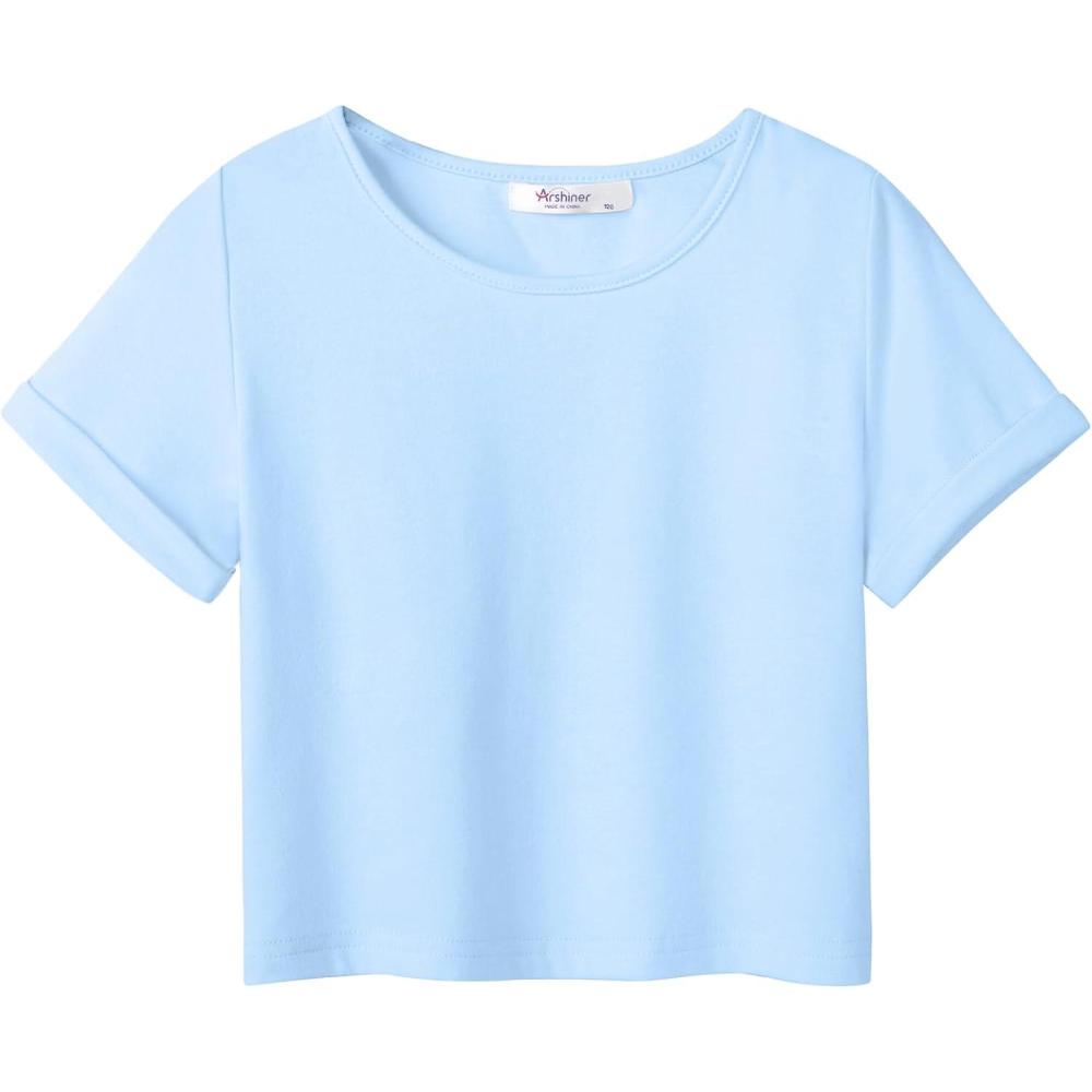 imageArshiner Girls Crop Tops Short Sleeve Tie Dye Summer T Shirt Crewneck Rolled Cuffs Fashion Shirts TeeLight Blue