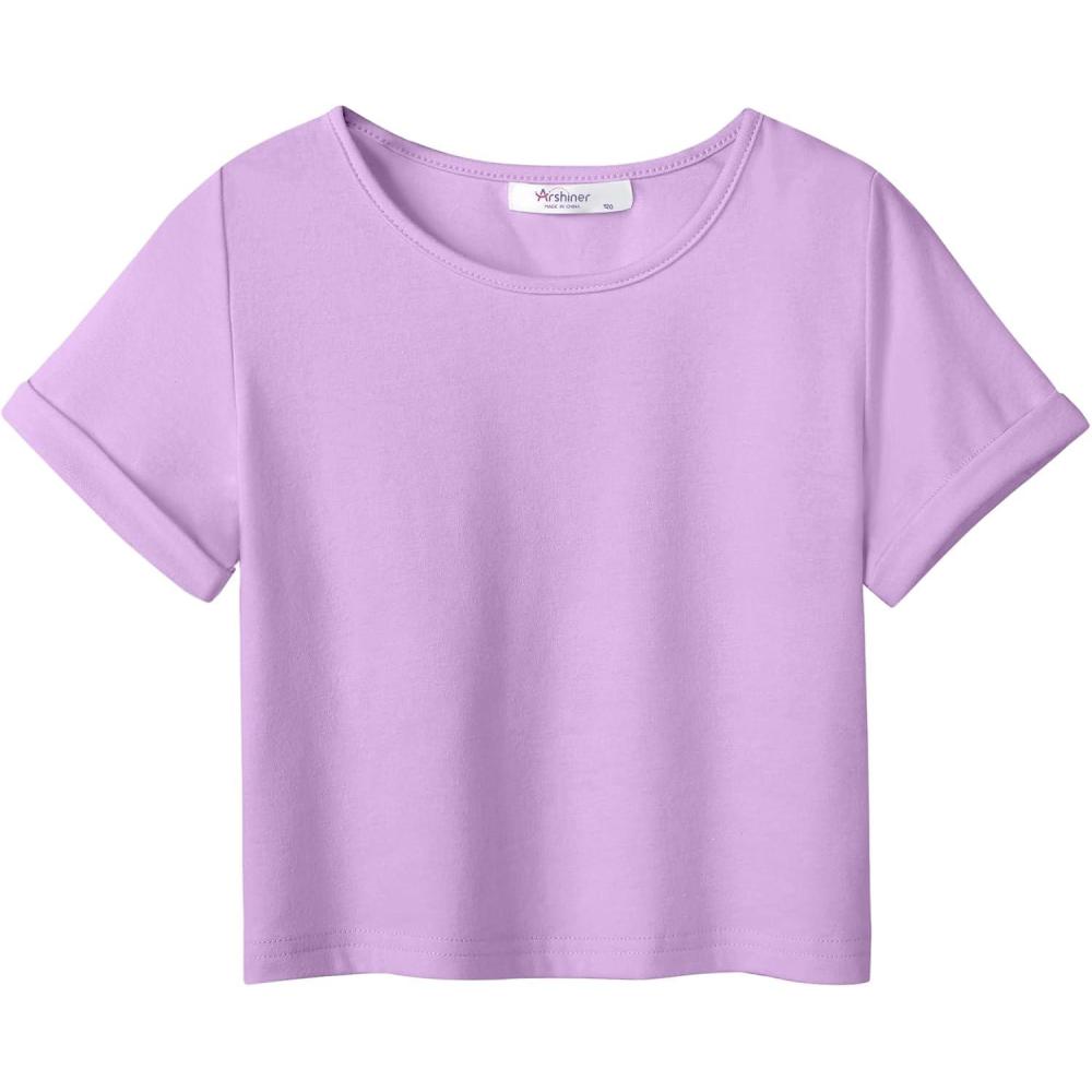imageArshiner Girls Crop Tops Short Sleeve Tie Dye Summer T Shirt Crewneck Rolled Cuffs Fashion Shirts TeeLilac