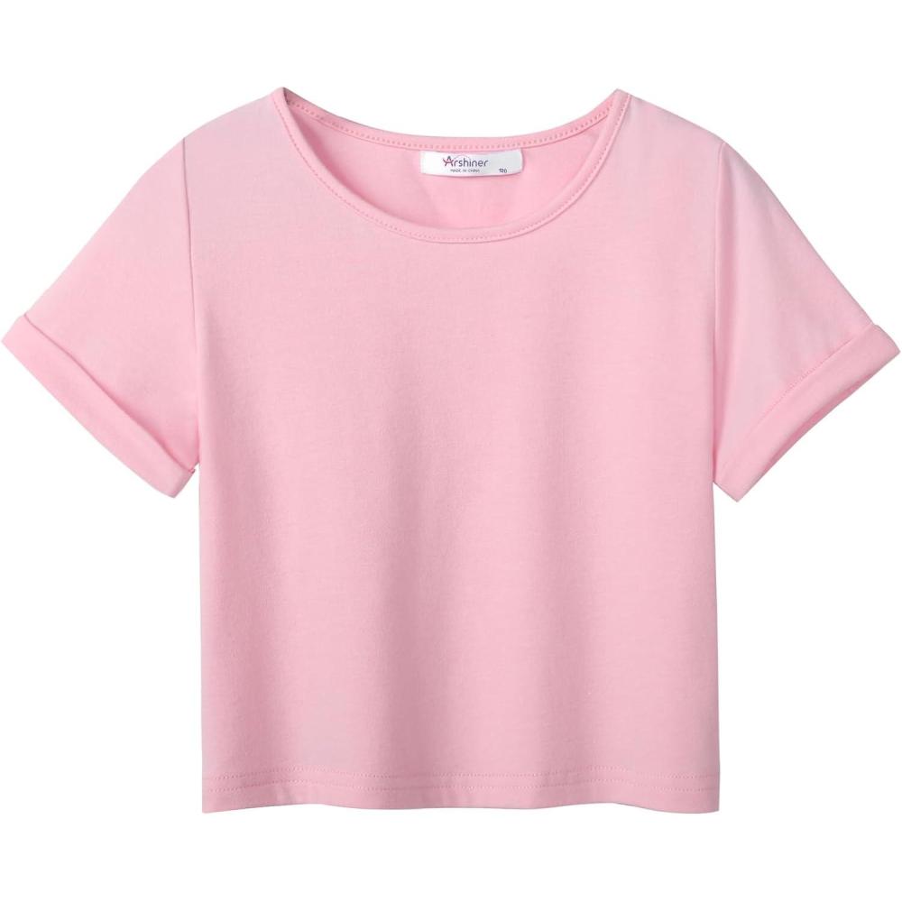 imageArshiner Girls Crop Tops Short Sleeve Tie Dye Summer T Shirt Crewneck Rolled Cuffs Fashion Shirts TeePink