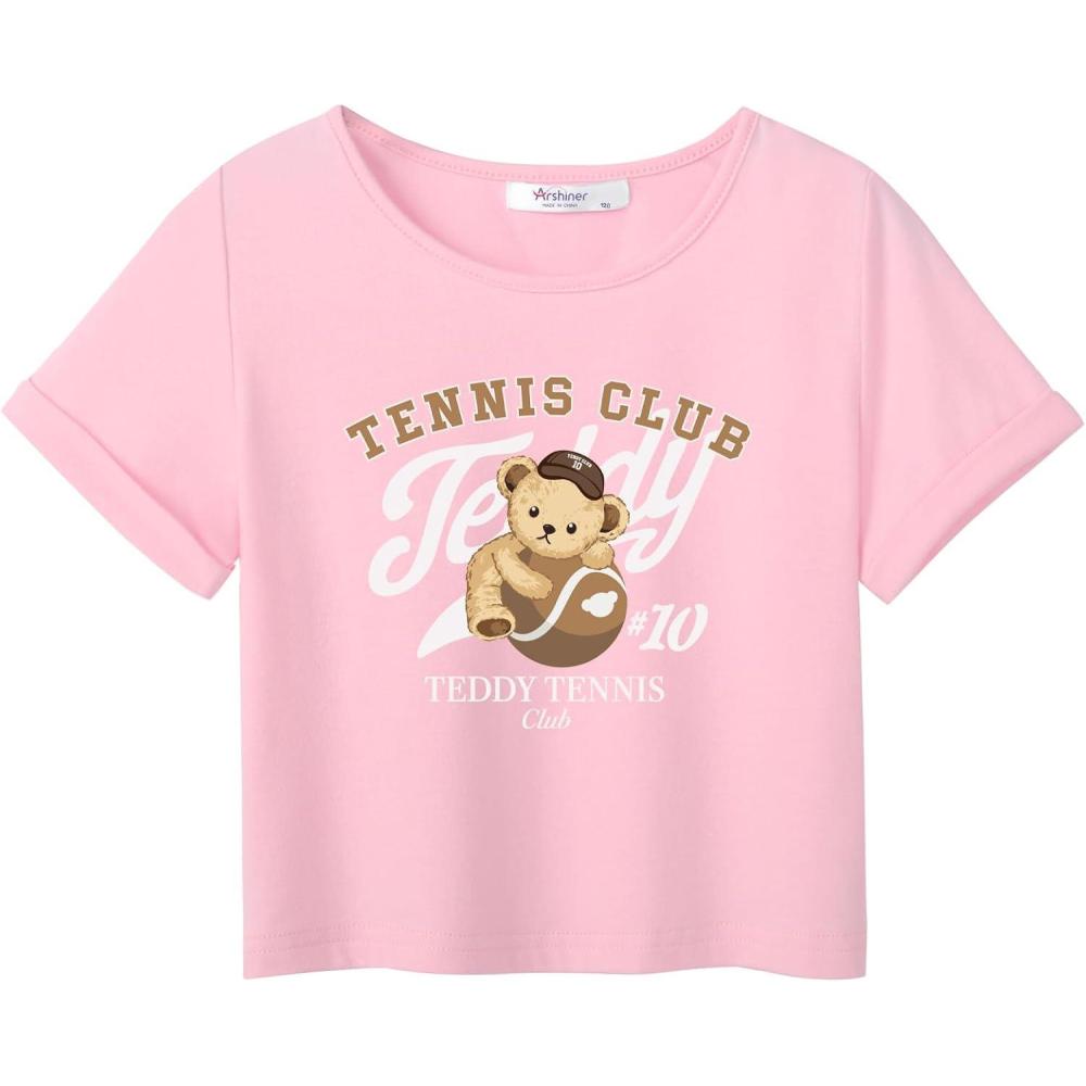 imageArshiner Girls Crop Tops Short Sleeve Tie Dye Summer T Shirt Crewneck Rolled Cuffs Fashion Shirts TeePinkgraphic