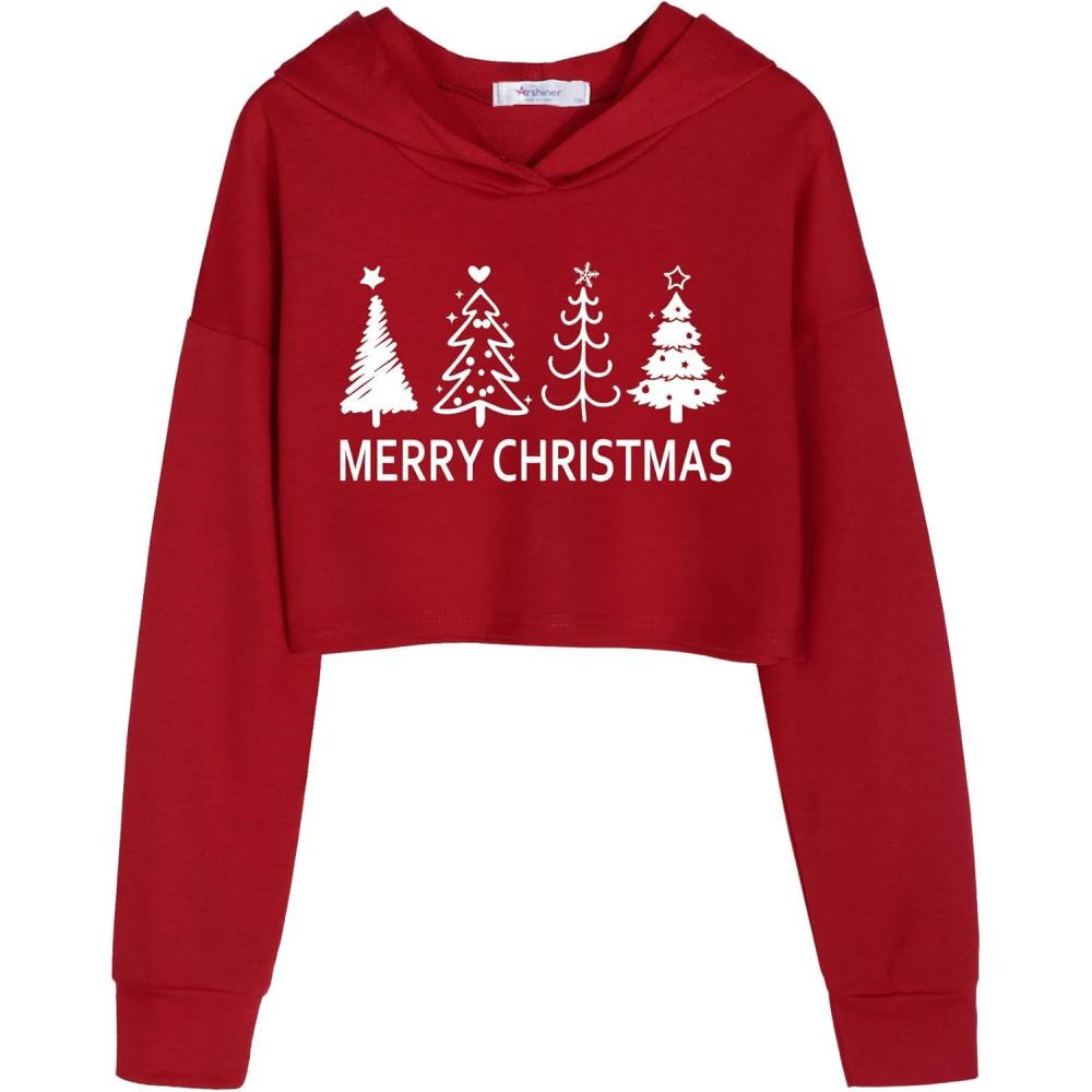 imageArshiner Girls Cropped Hoodie Kids Long Sleeve Crop Tops Tiedye Hoodies Hooded Pullover Sweatshirts 516 YearsChristmas Tree  Red