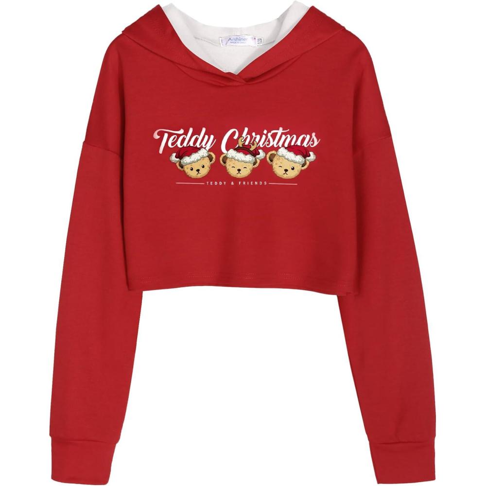 imageArshiner Girls Cropped Hoodie Kids Long Sleeve Crop Tops Tiedye Hoodies Hooded Pullover Sweatshirts 516 YearsRed Teddy Christmas