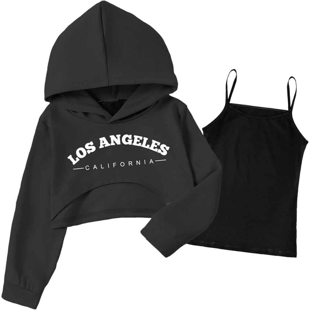 imageArshiner Girls Cropped Sweatshirt Long Sleeve Shirts High Low Hem Crop Tops for Teens Kids Hoodies with Cami 514 YearsBlack