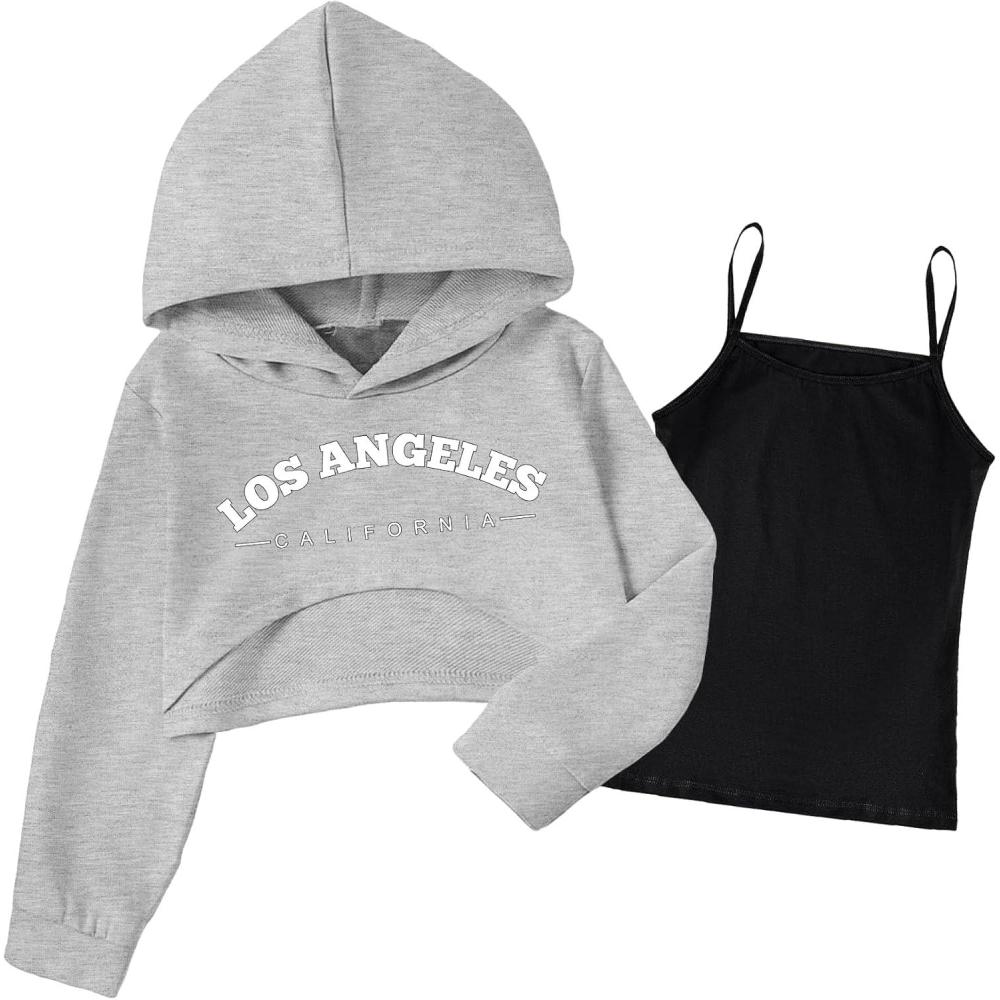 imageArshiner Girls Cropped Sweatshirt Long Sleeve Shirts High Low Hem Crop Tops for Teens Kids Hoodies with Cami 514 YearsGrey Black
