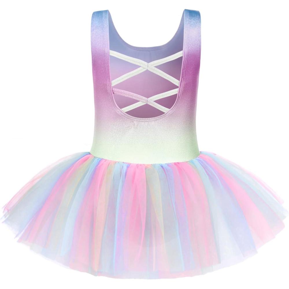 imageArshiner Girls Dance Tutu Dress Sparkly Sequin Ballet Leotards Cross Back Ballerina Costumes for Toddler PartyRainbow