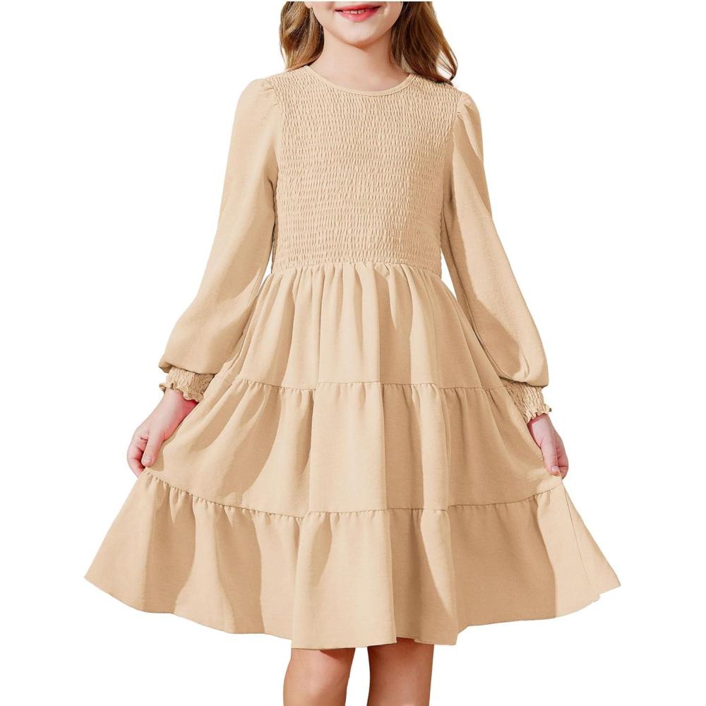 imageArshiner Girls Dress Fall Boho Long Sleeve Shirred Smocked Tiered Party Dresses with PocketsApricot
