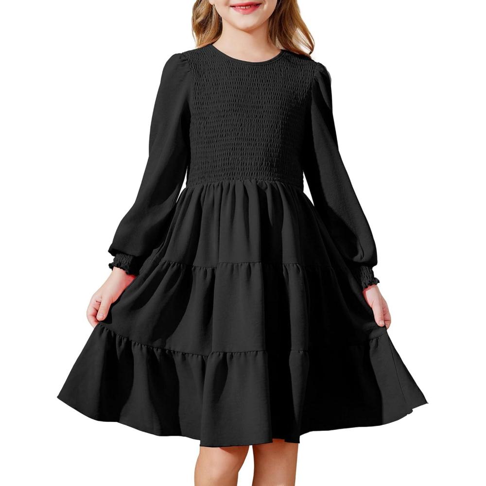 imageArshiner Girls Dress Fall Boho Long Sleeve Shirred Smocked Tiered Party Dresses with PocketsBlack