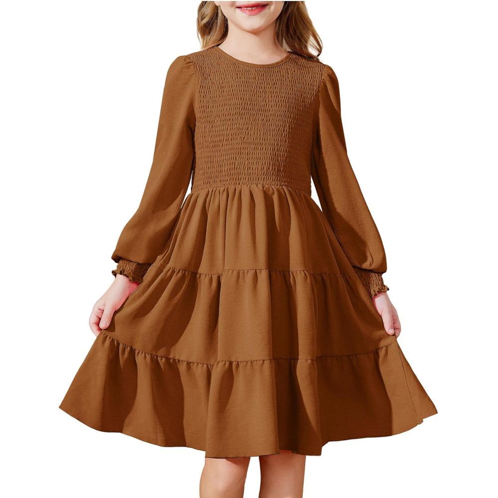 imageArshiner Girls Dress Fall Boho Long Sleeve Shirred Smocked Tiered Party Dresses with PocketsBrown