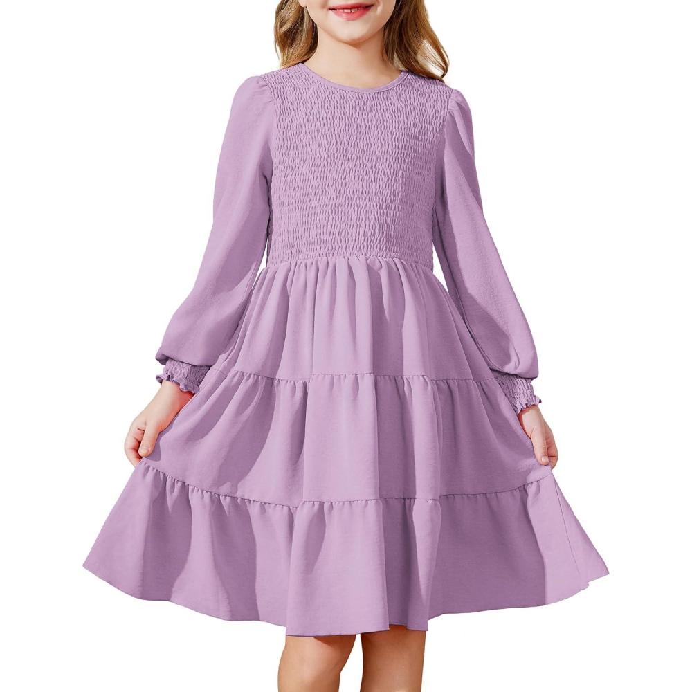 imageArshiner Girls Dress Fall Boho Long Sleeve Shirred Smocked Tiered Party Dresses with PocketsLavender