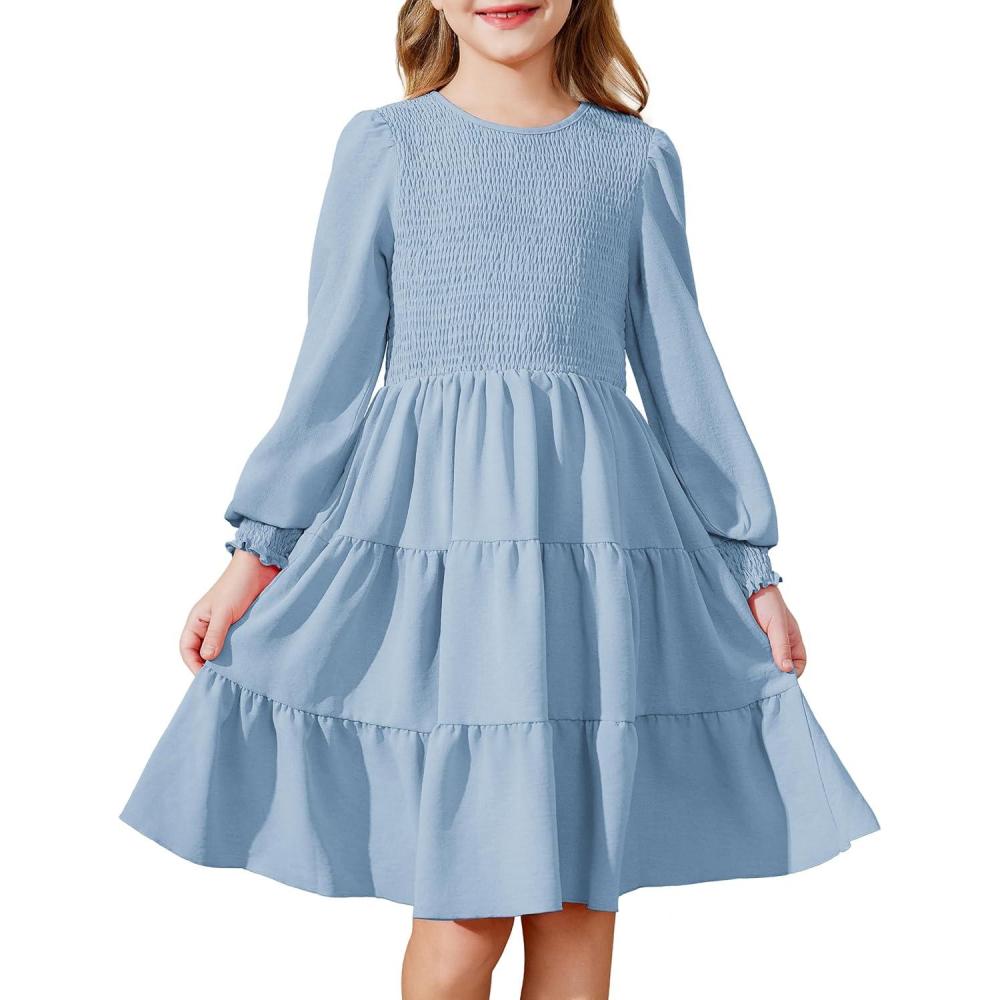 imageArshiner Girls Dress Fall Boho Long Sleeve Shirred Smocked Tiered Party Dresses with PocketsLight Blue