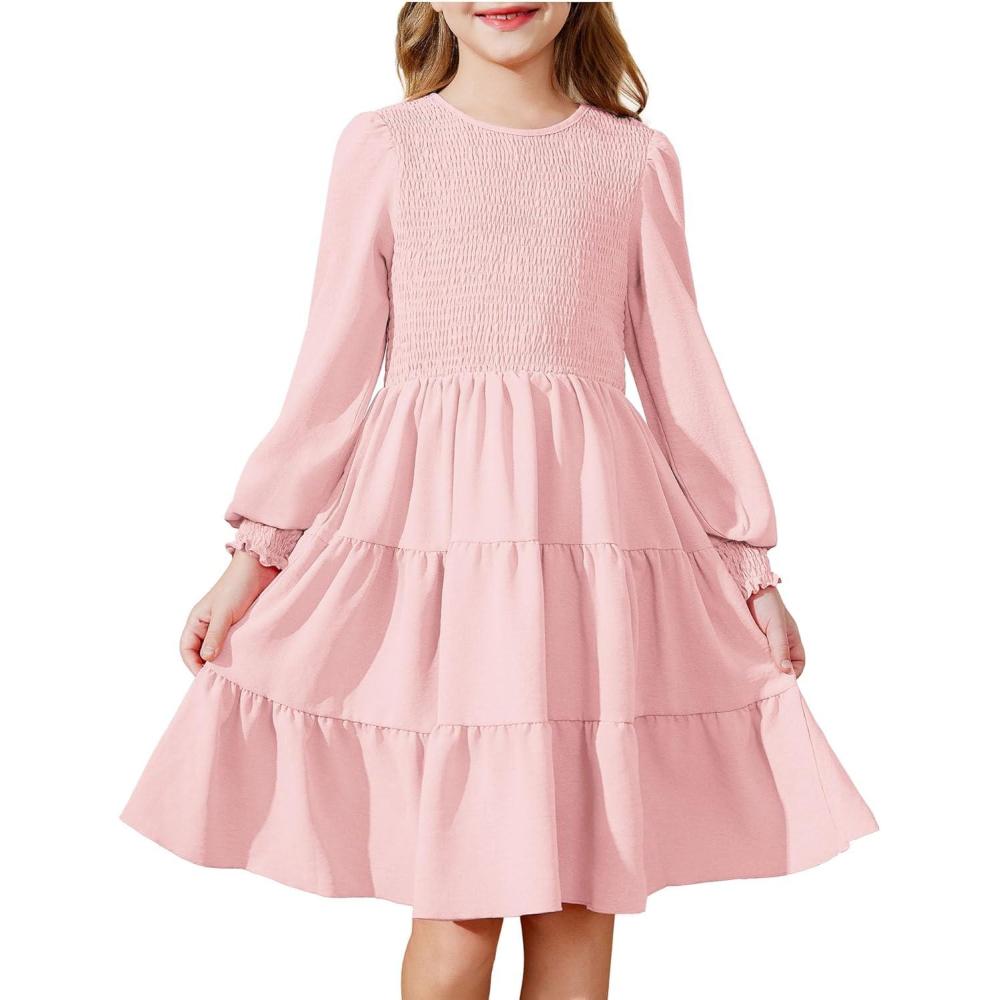 imageArshiner Girls Dress Fall Boho Long Sleeve Shirred Smocked Tiered Party Dresses with PocketsLight Pink