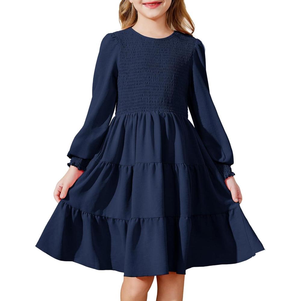 imageArshiner Girls Dress Fall Boho Long Sleeve Shirred Smocked Tiered Party Dresses with PocketsNavy Blue