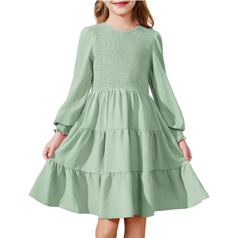 imageArshiner Girls Dress Fall Boho Long Sleeve Shirred Smocked Tiered Party Dresses with PocketsSage Green