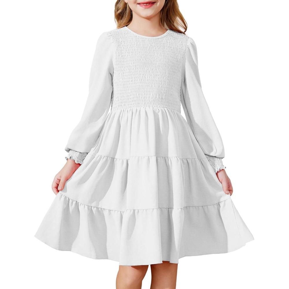 imageArshiner Girls Dress Fall Boho Long Sleeve Shirred Smocked Tiered Party Dresses with PocketsWhite