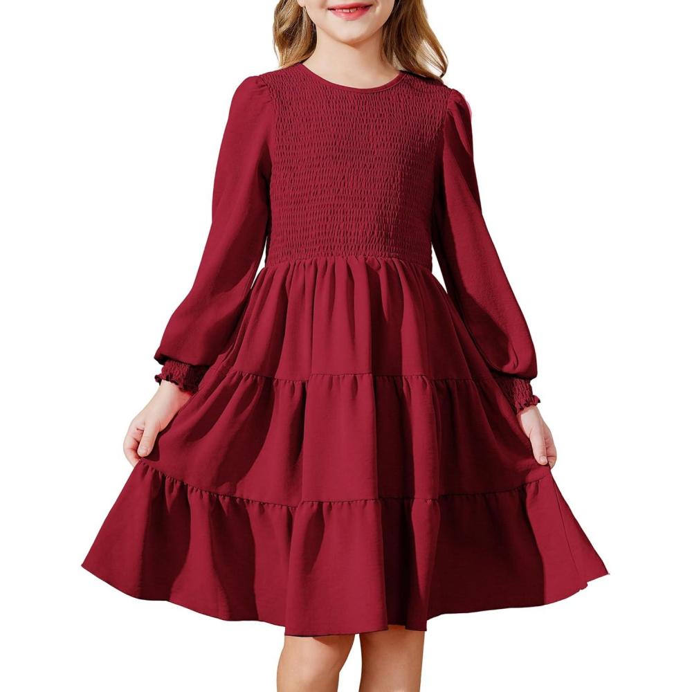 imageArshiner Girls Dress Fall Boho Long Sleeve Shirred Smocked Tiered Party Dresses with PocketsWine Red