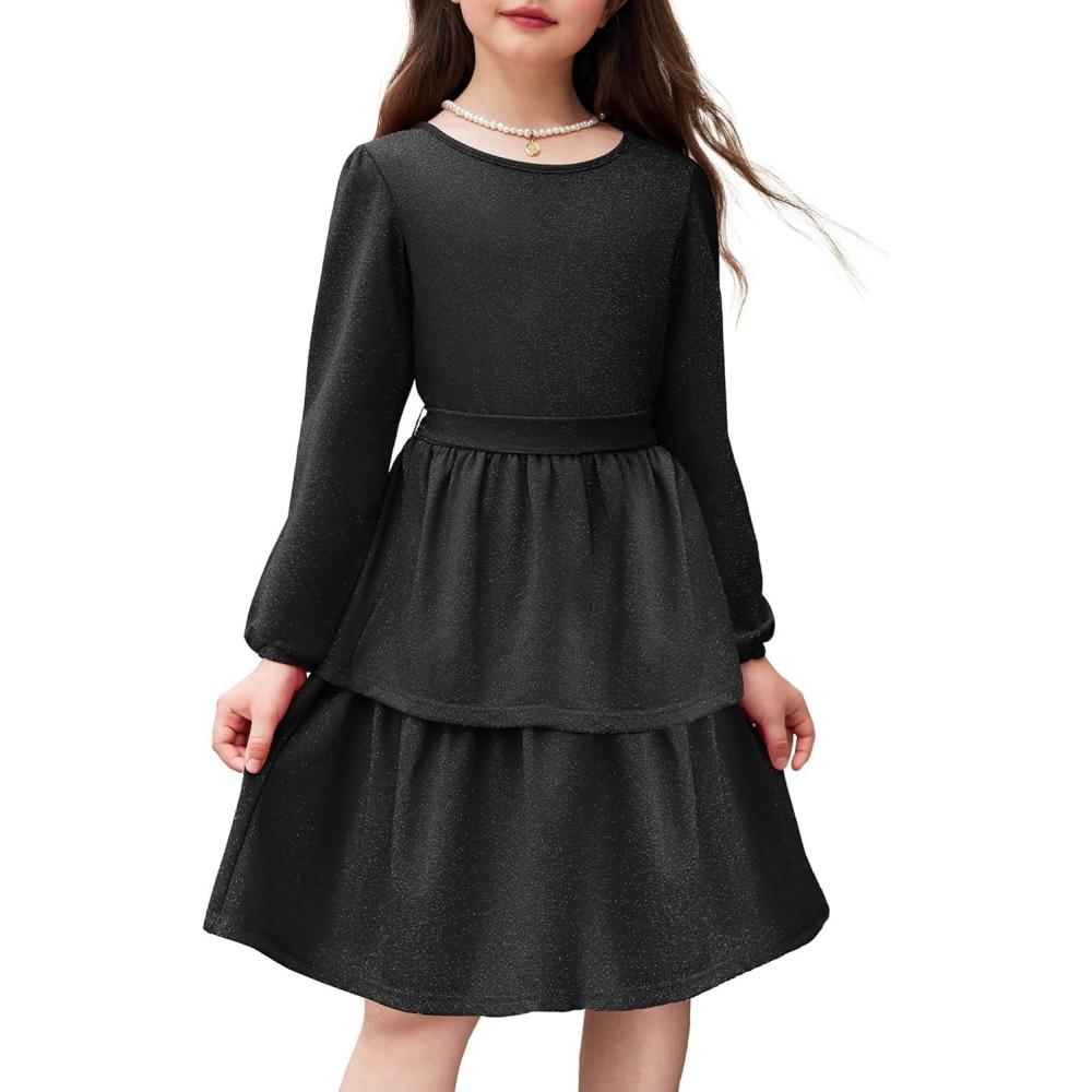 imageArshiner Girls Dress Fall Sparkly Glitter Puff Sleeves Layer Party Dresses with BeltBlack