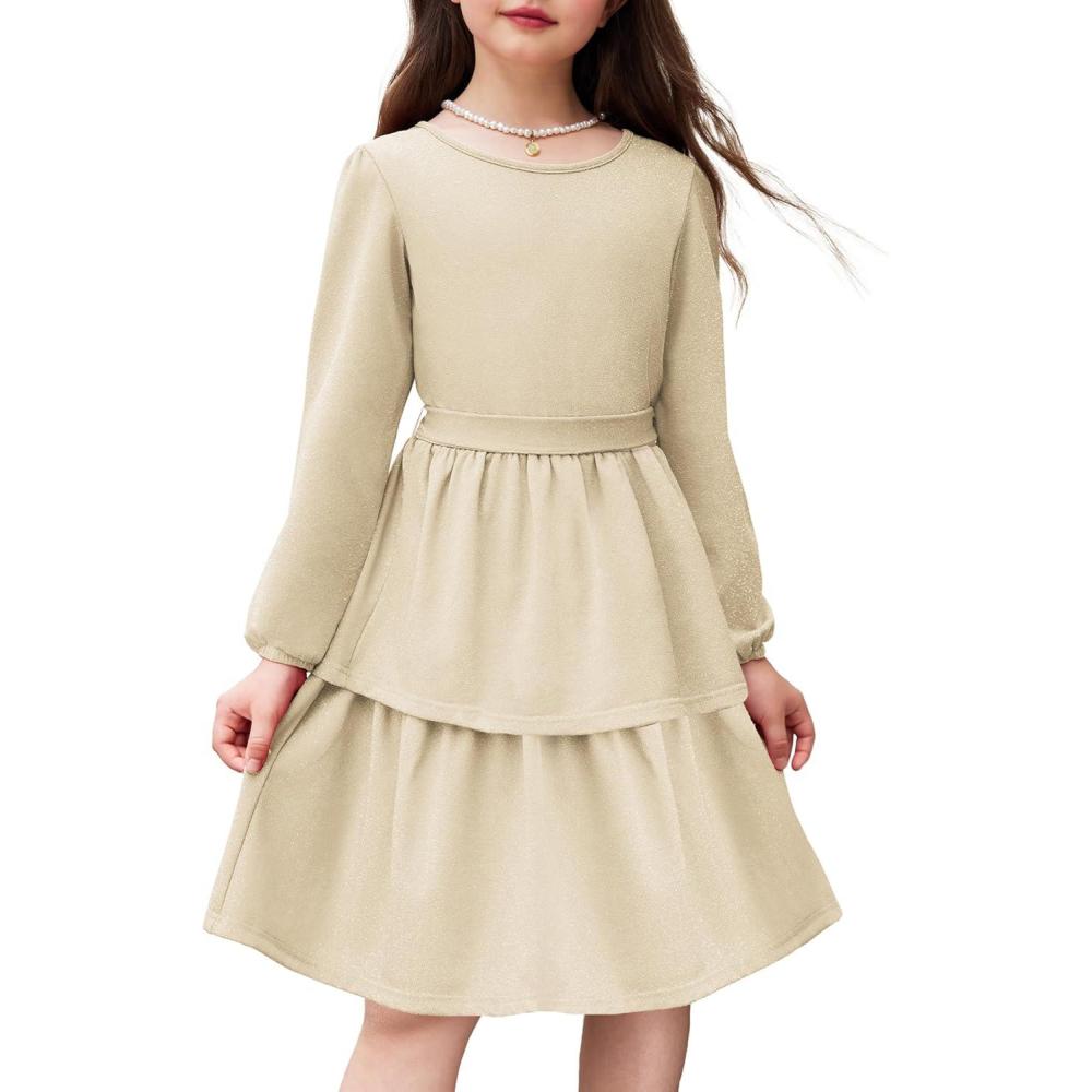 imageArshiner Girls Dress Fall Sparkly Glitter Puff Sleeves Layer Party Dresses with BeltCream Color