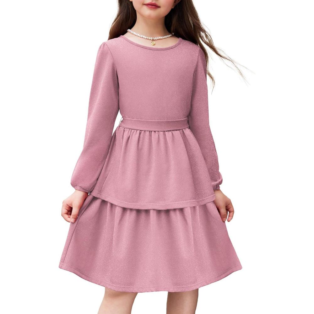 imageArshiner Girls Dress Fall Sparkly Glitter Puff Sleeves Layer Party Dresses with BeltDirty Pink