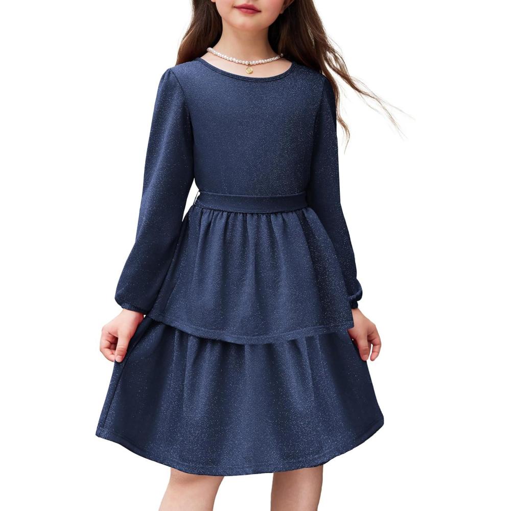 imageArshiner Girls Dress Fall Sparkly Glitter Puff Sleeves Layer Party Dresses with BeltNavy Blue