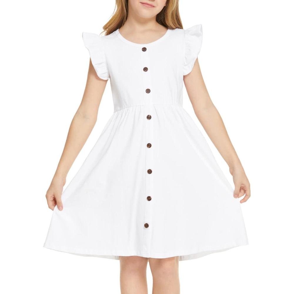 imageArshiner Girls Dress Flutter Sleeve ALine Button Down Sundress Casual Midi Dresses for 412 Years KidsAwhite
