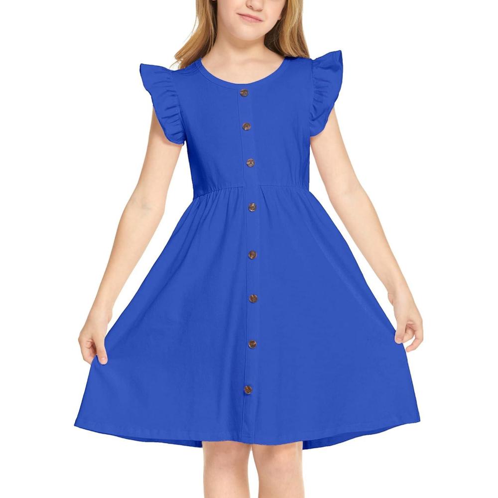 imageArshiner Girls Dress Flutter Sleeve ALine Button Down Sundress Casual Midi Dresses for 412 Years KidsBlue