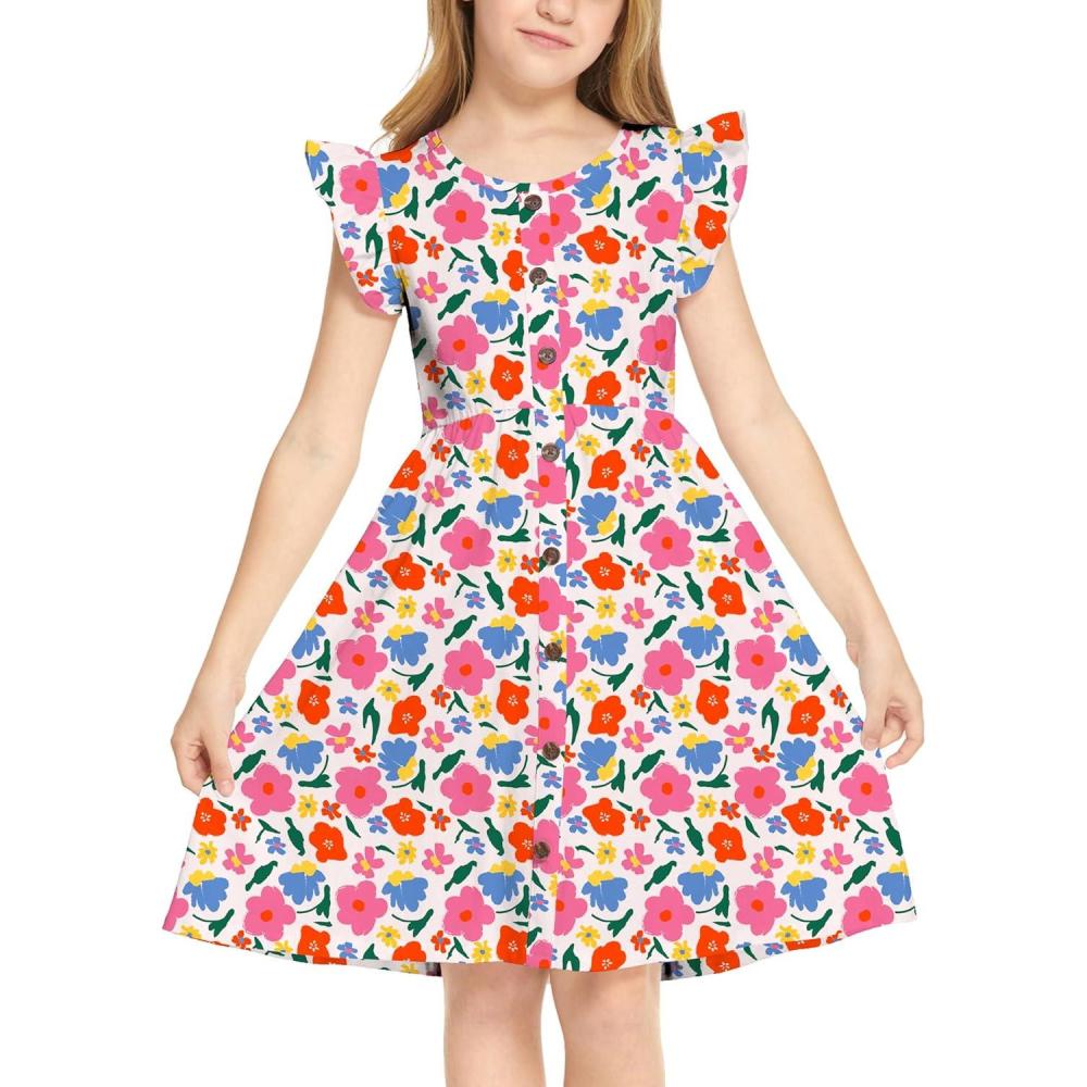imageArshiner Girls Dress Flutter Sleeve ALine Button Down Sundress Casual Midi Dresses for 412 Years KidsColorful Flower