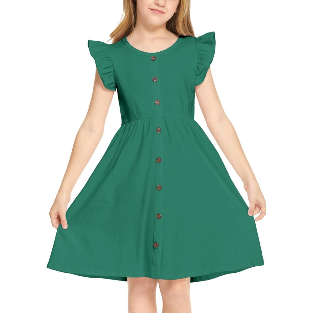 imageArshiner Girls Dress Flutter Sleeve ALine Button Down Sundress Casual Midi Dresses for 412 Years KidsDark Green
