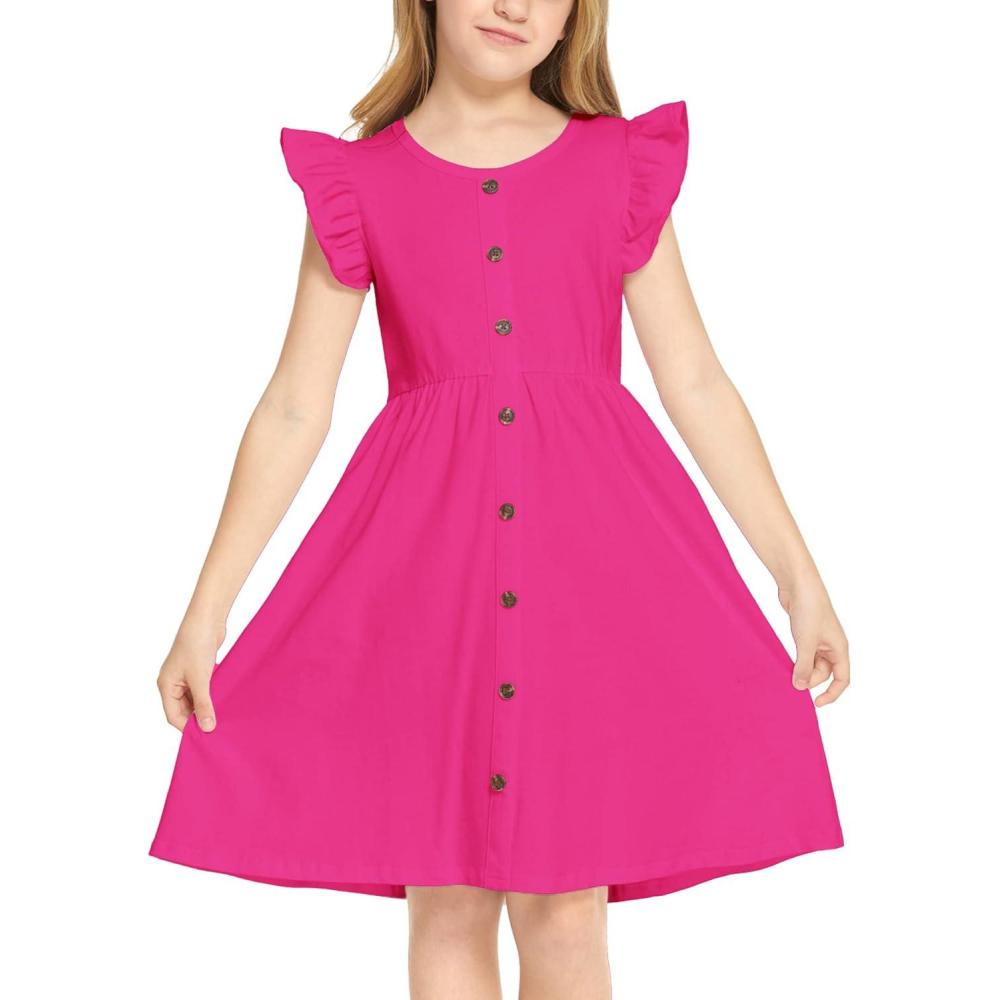 imageArshiner Girls Dress Flutter Sleeve ALine Button Down Sundress Casual Midi Dresses for 412 Years KidsHot Pink