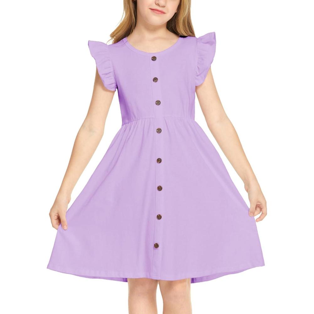 imageArshiner Girls Dress Flutter Sleeve ALine Button Down Sundress Casual Midi Dresses for 412 Years KidsLight Purple