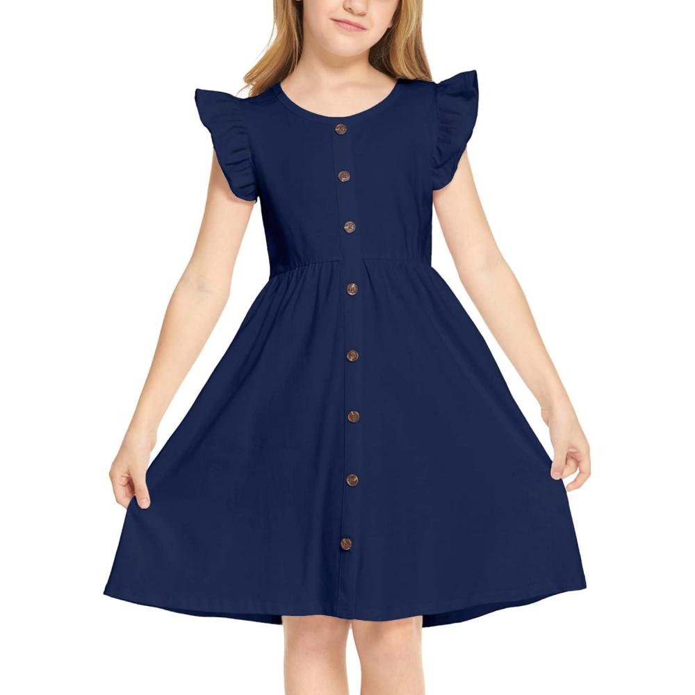 imageArshiner Girls Dress Flutter Sleeve ALine Button Down Sundress Casual Midi Dresses for 412 Years KidsNavy