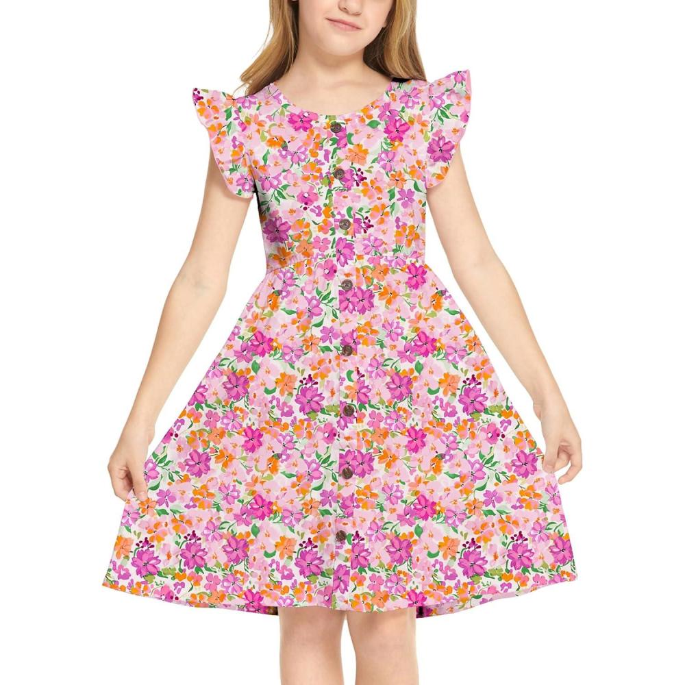 imageArshiner Girls Dress Flutter Sleeve ALine Button Down Sundress Casual Midi Dresses for 412 Years KidsPink Flower