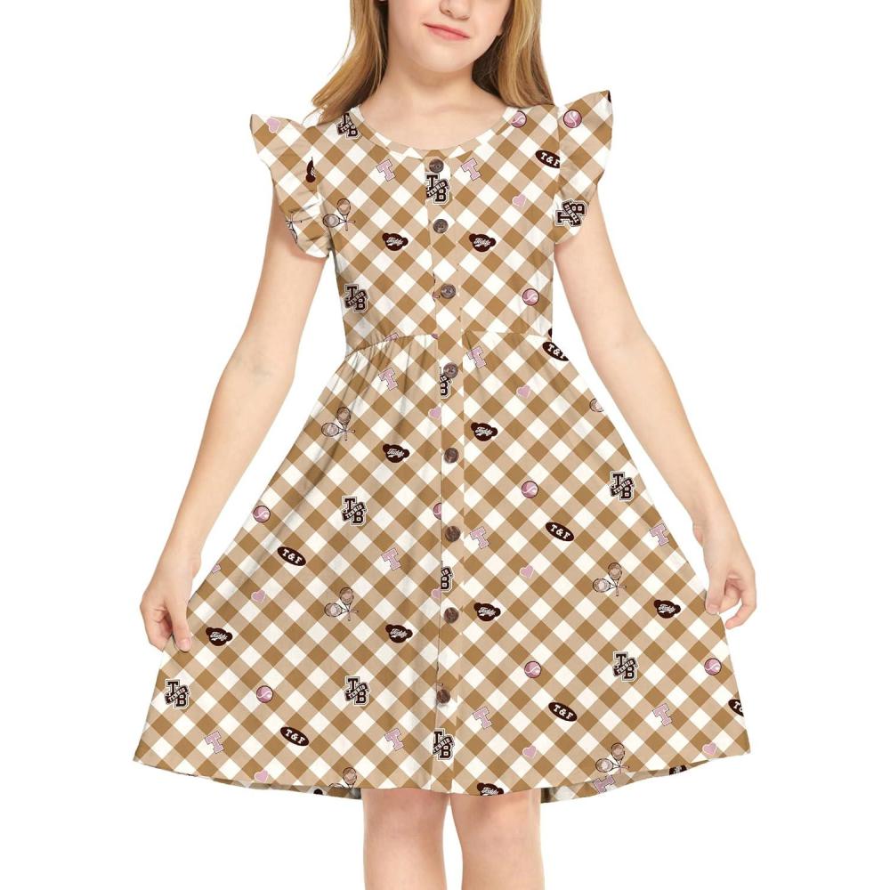 imageArshiner Girls Dress Flutter Sleeve ALine Button Down Sundress Casual Midi Dresses for 412 Years KidsPlaid Khaki