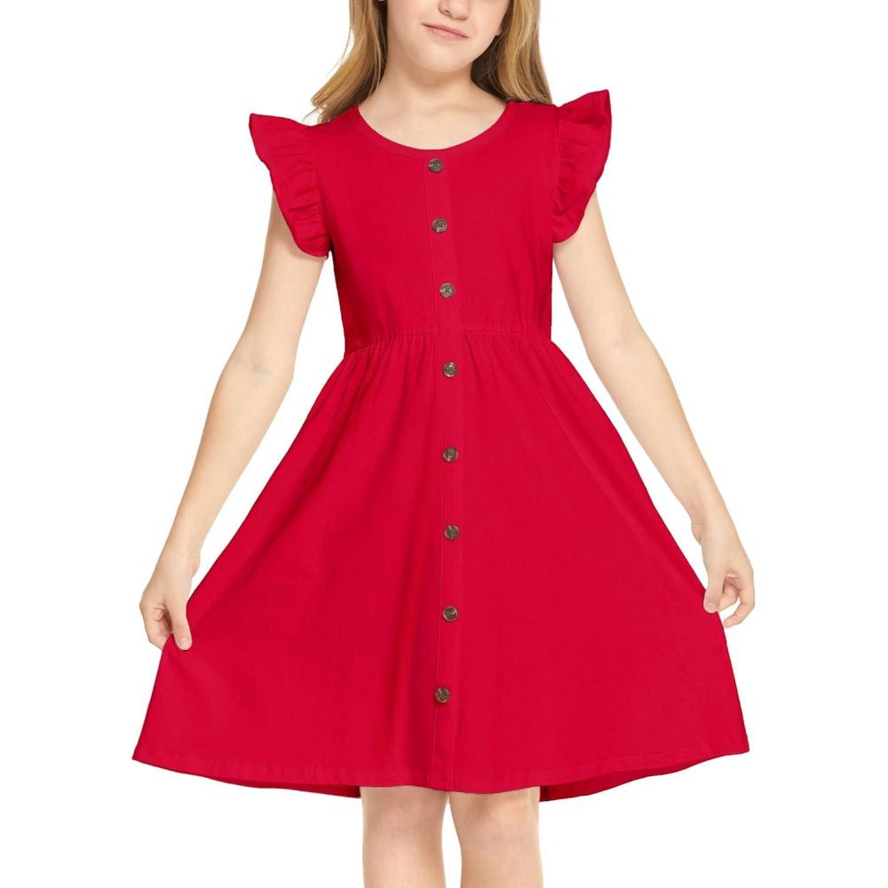 imageArshiner Girls Dress Flutter Sleeve ALine Button Down Sundress Casual Midi Dresses for 412 Years KidsRed