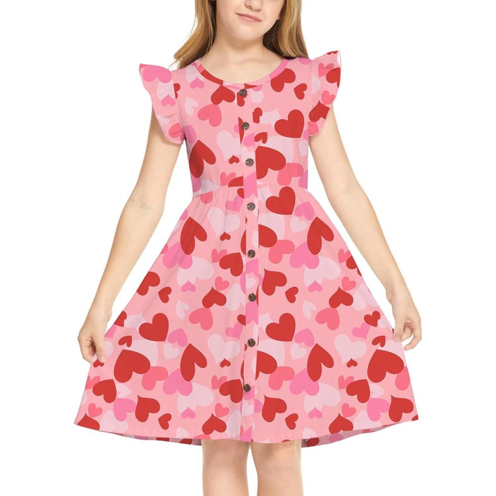 imageArshiner Girls Dress Flutter Sleeve ALine Button Down Sundress Casual Midi Dresses for 412 Years KidsRed Heart
