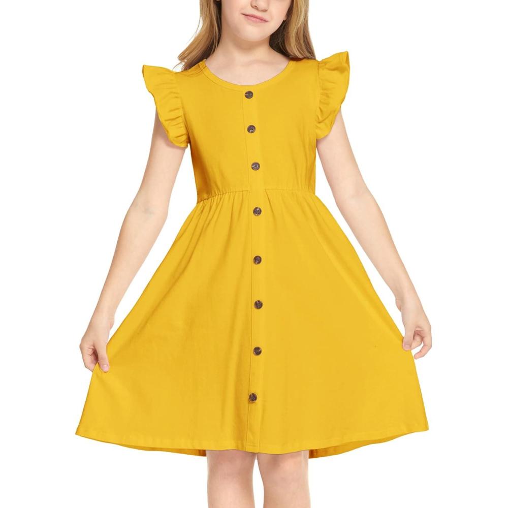 imageArshiner Girls Dress Flutter Sleeve ALine Button Down Sundress Casual Midi Dresses for 412 Years KidsYellow