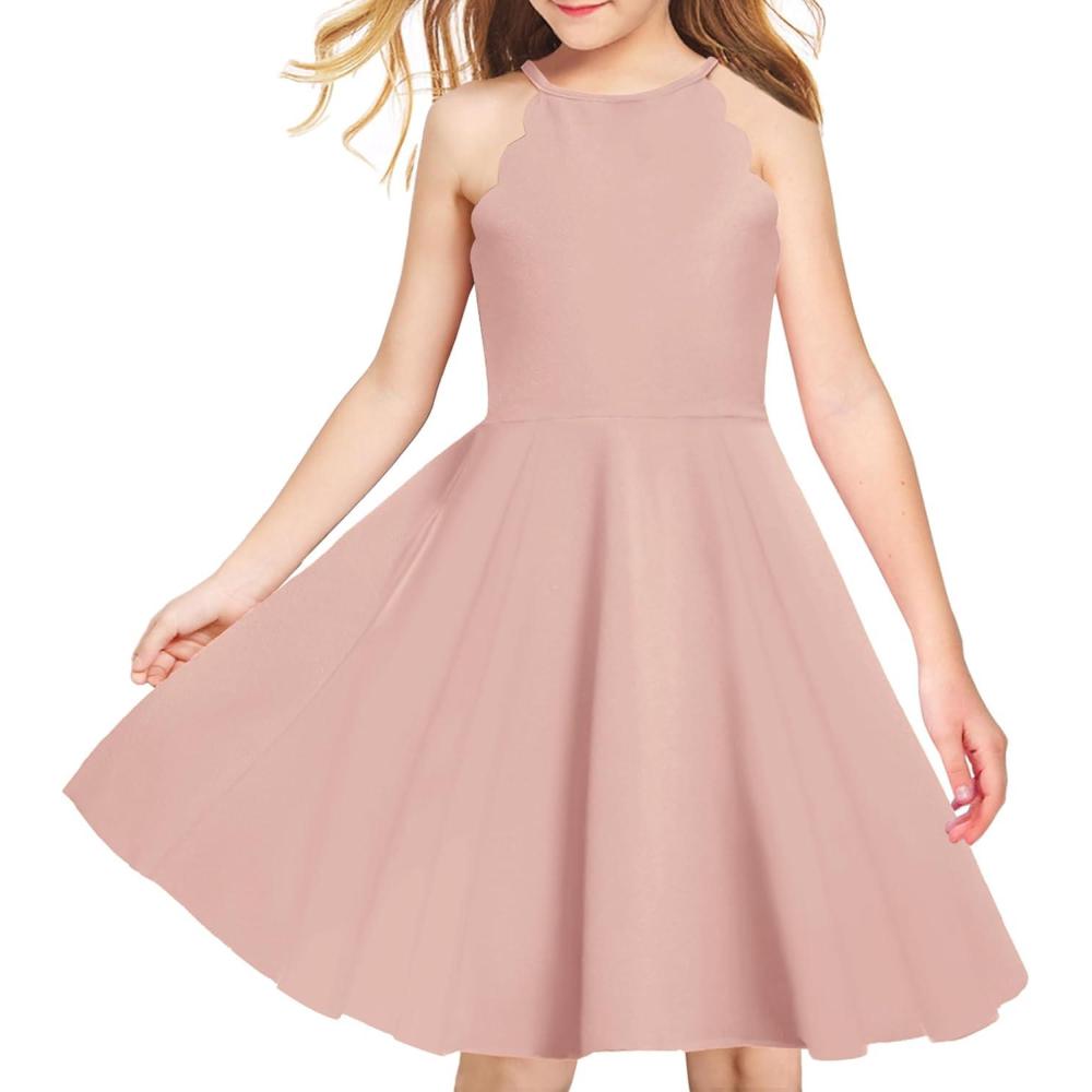 imageArshiner Girls Dress Halter Neck Summer Sundress Sleeveless Elegant Aline Pockets Party DressLight Pink