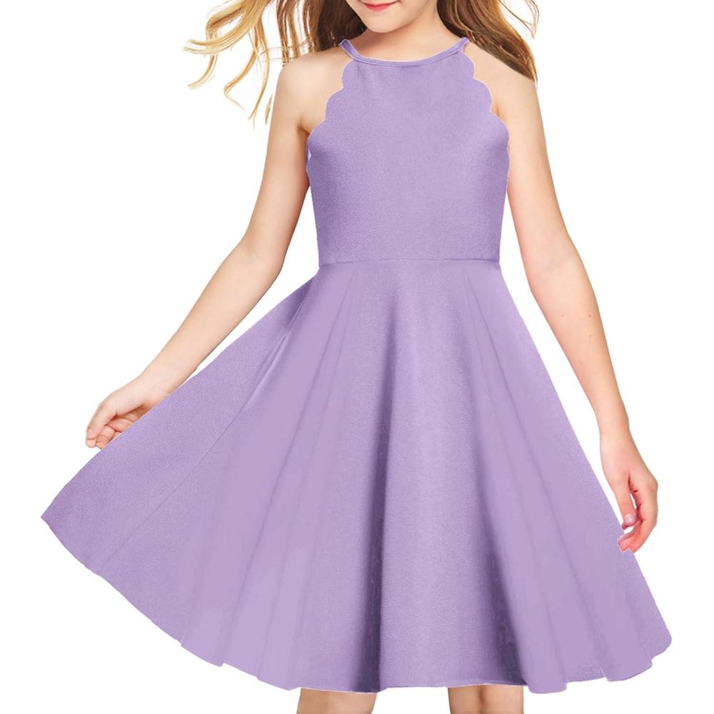 imageArshiner Girls Dress Halter Neck Summer Sundress Sleeveless Elegant Aline Pockets Party DressLight Purple