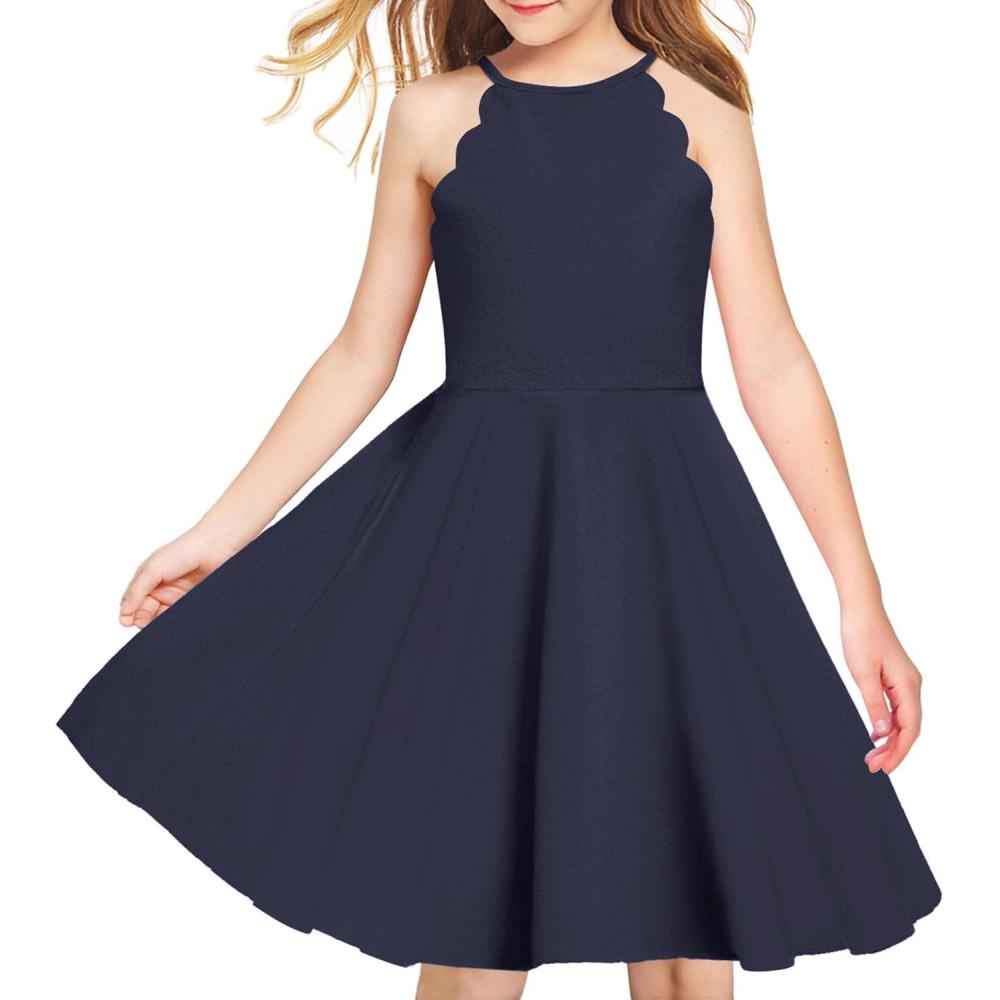 imageArshiner Girls Dress Halter Neck Summer Sundress Sleeveless Elegant Aline Pockets Party DressNavy Blue
