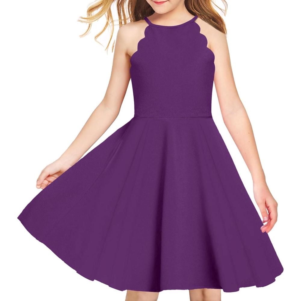 imageArshiner Girls Dress Halter Neck Summer Sundress Sleeveless Elegant Aline Pockets Party DressPurple