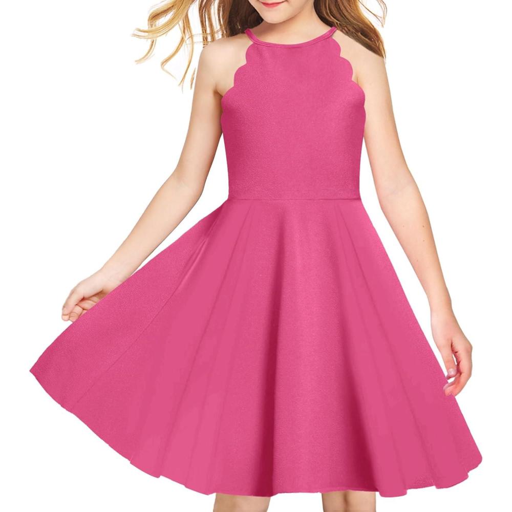 imageArshiner Girls Dress Halter Neck Summer Sundress Sleeveless Elegant Aline Pockets Party DressRose Red