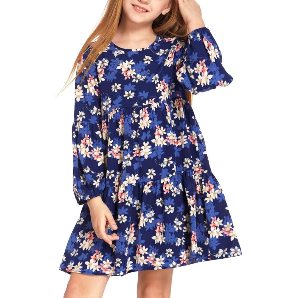 imageArshiner Girls Dress Long Sleeve A Line Loose Swing Ruffle Tunic DressesNavy Blue Floral 2