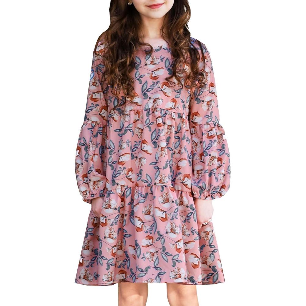imageArshiner Girls Dress Long Sleeve A Line Loose Swing Ruffle Tunic DressesPink Floral 3