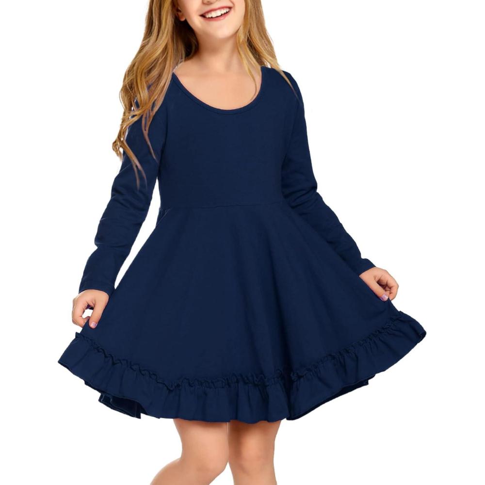 imageArshiner Girls Dress Long Sleeve A Line Twirly Skater Loose CasualParty Dresses with PocketNavy Blue